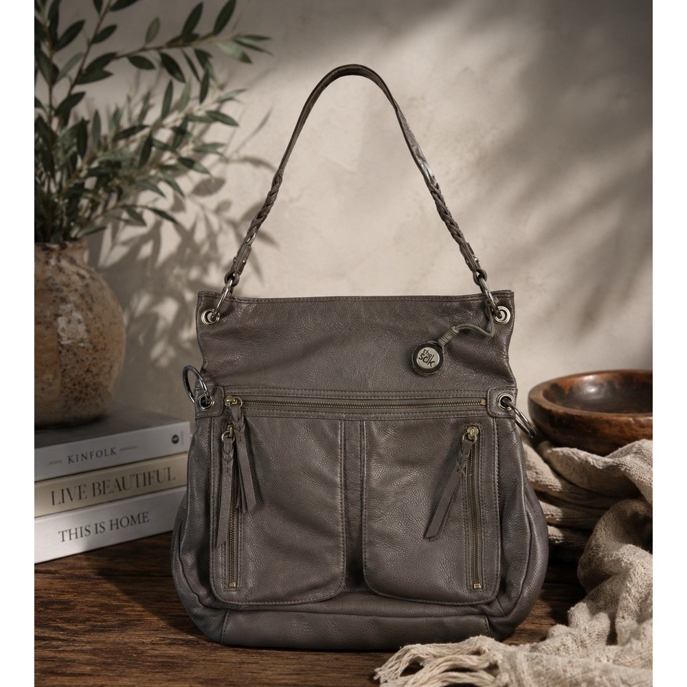 The Sak Womens Taupe Gray Pebbled Leather Braided Strap Shoulder Bag Hobo purse